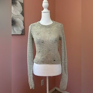 Hollister soft feminine cream sweater flower rhinestone embellishments Y2K vibe
